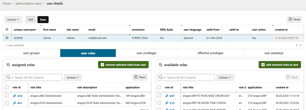 dragon.XPF: User profile with permission assignments