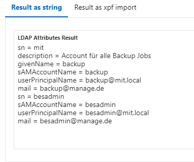 Beispielergebnis einer LDAP-Abfrage in dragon.XPF
