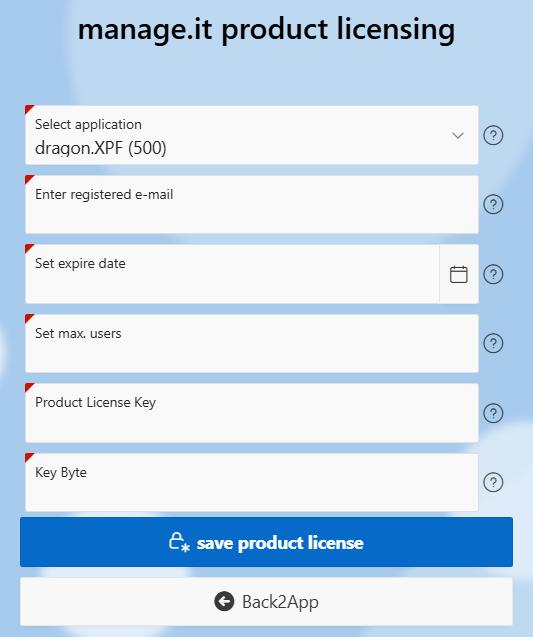 dragon.XPF Lizenzierungsmaske zur Registrierung eines Produkts