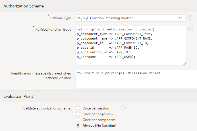 Autorisierungseinstellungen mit Evaluation Point Always No Caching