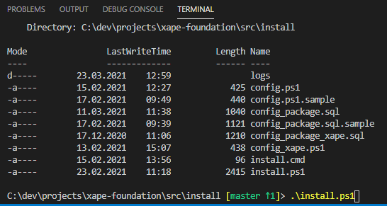 Visual Studio Code: Terminal zur Ausführung der Installation